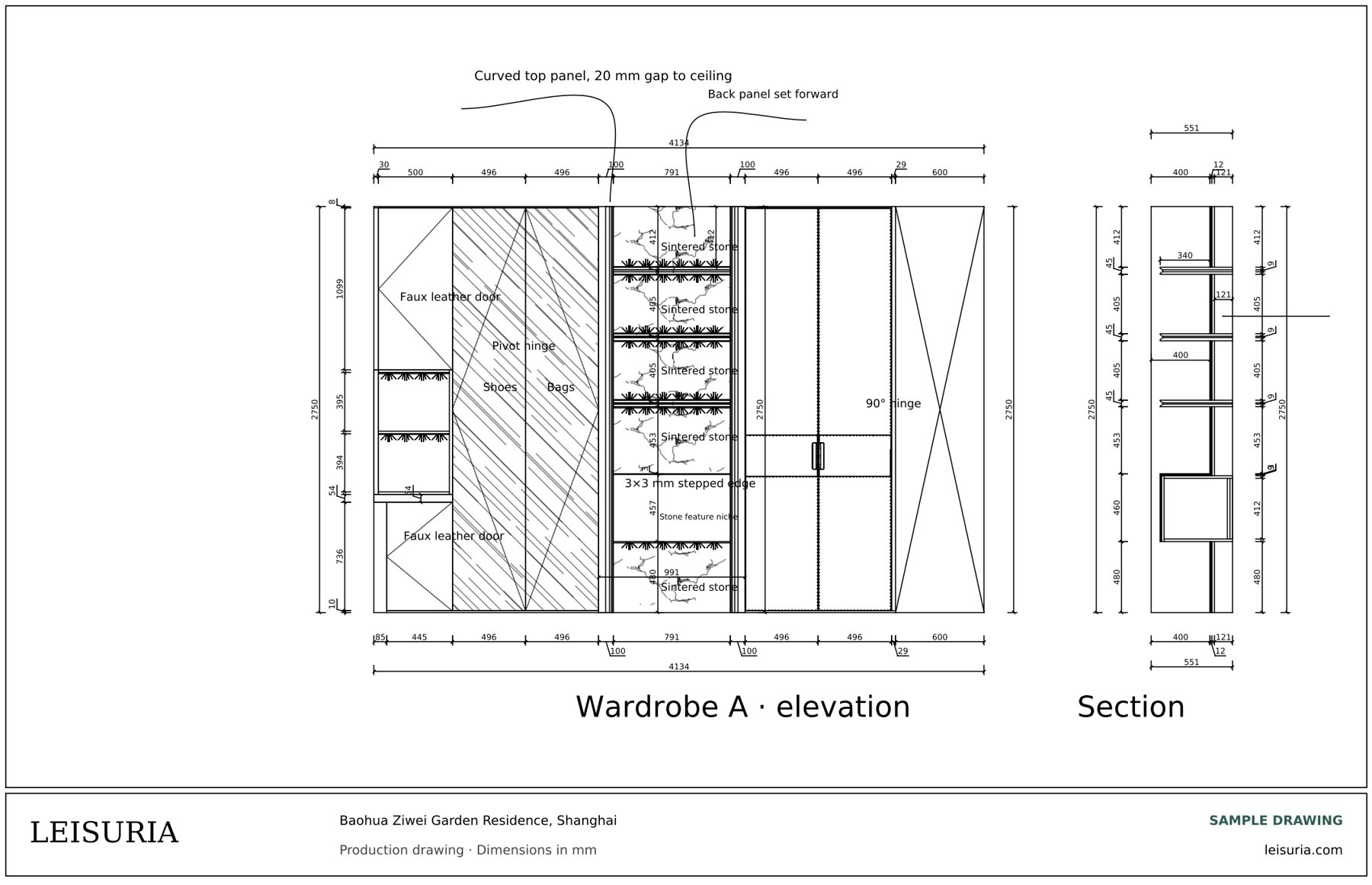 Production drawing: wardrobe elevation with faux leather doors, stone niche and section