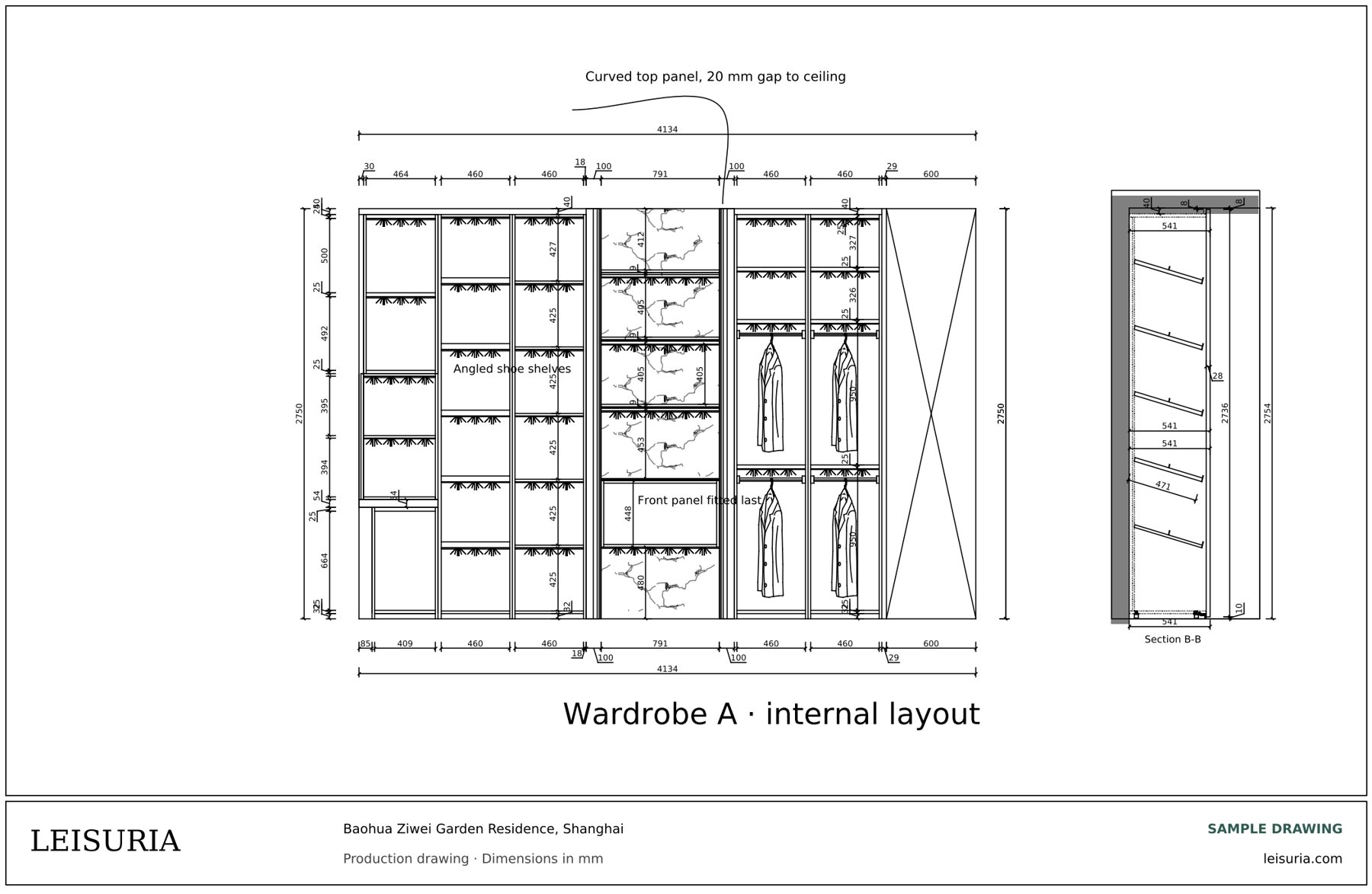 Production drawing: wardrobe internal layout with shoe shelves and hanging rails