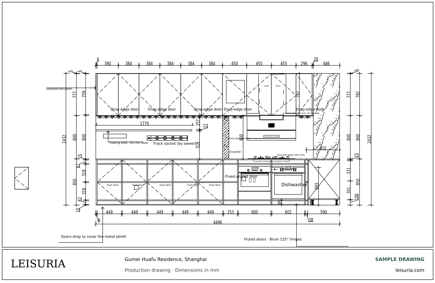 Production drawing: kitchen front elevation with fluted doors, oven, dishwasher and wall units