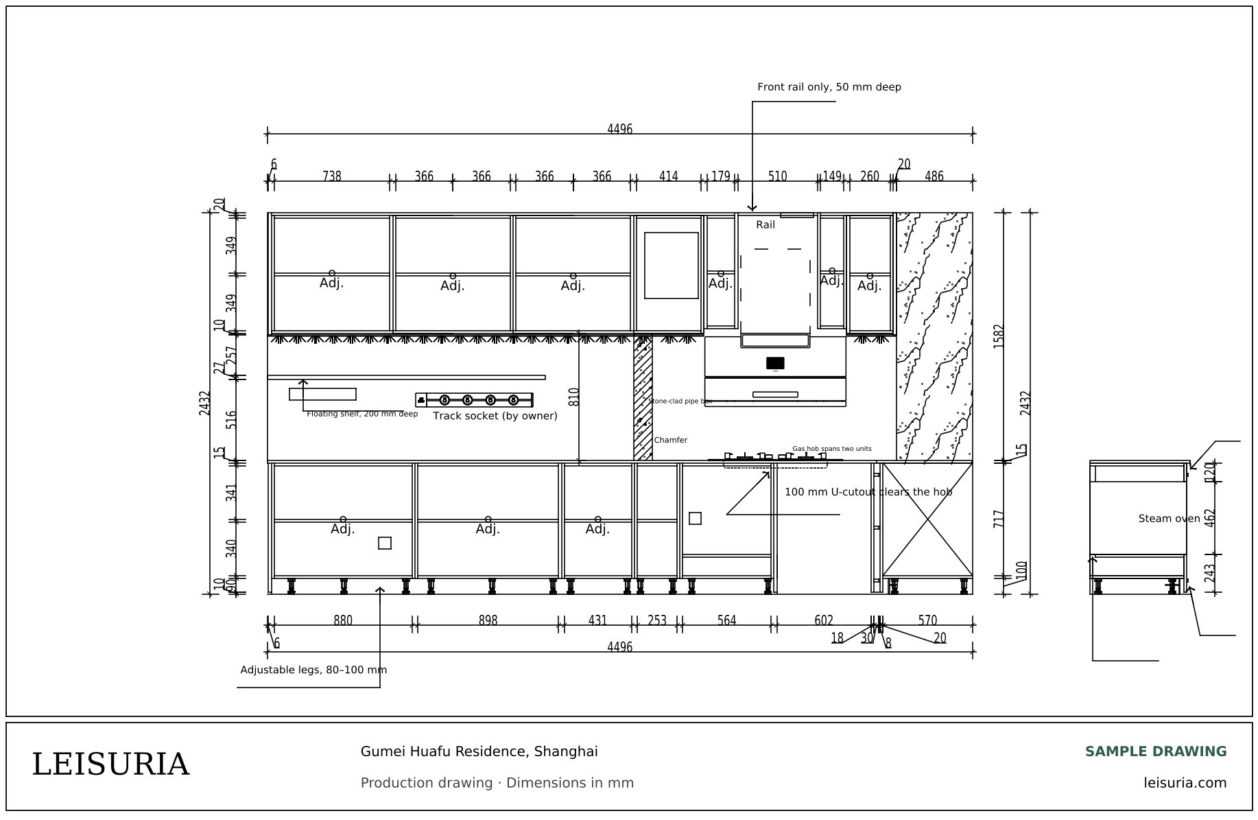 Production drawing: kitchen carcass layout with adjustable shelves and legs