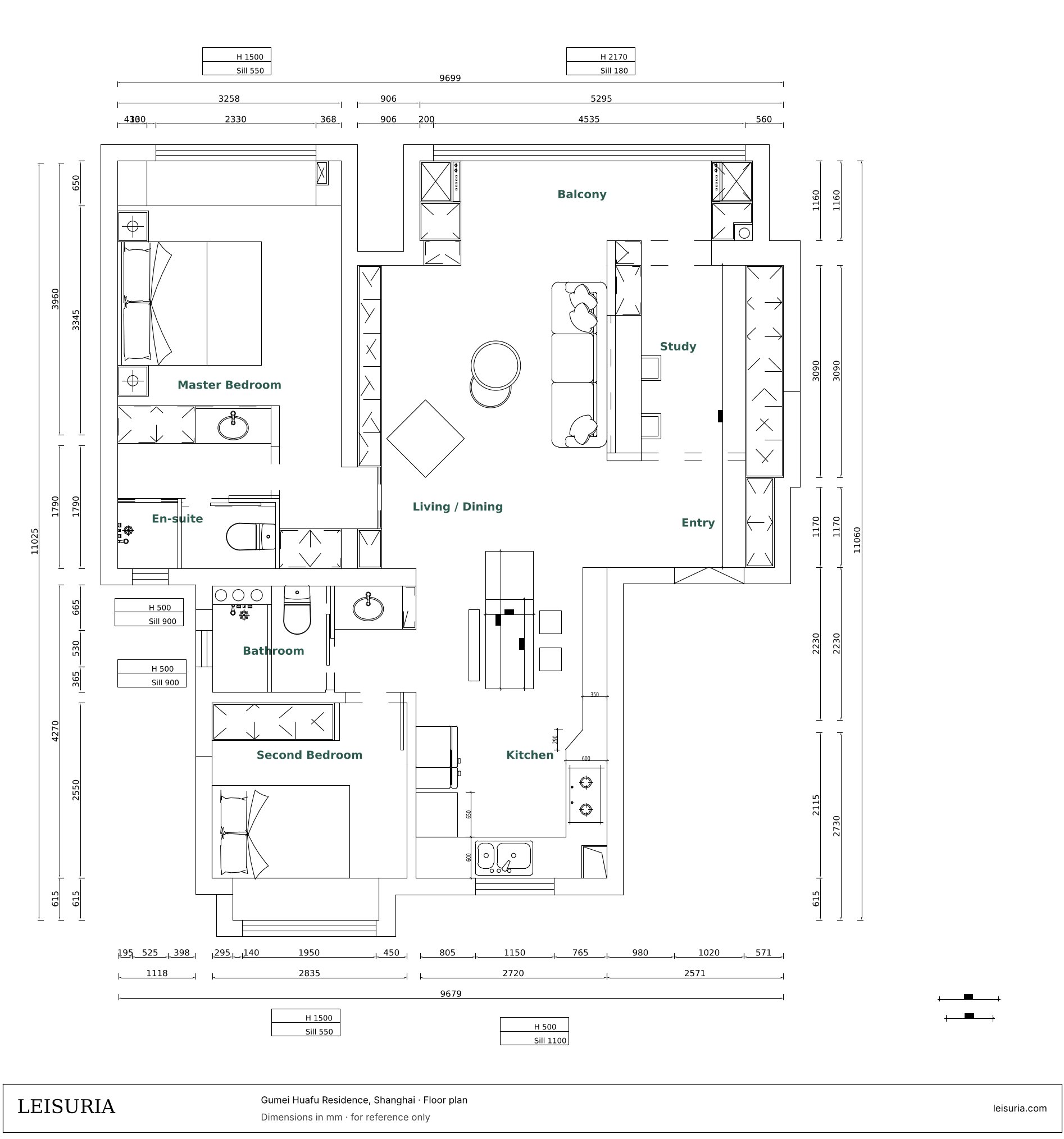 Floor plan of the apartment with room labels in English