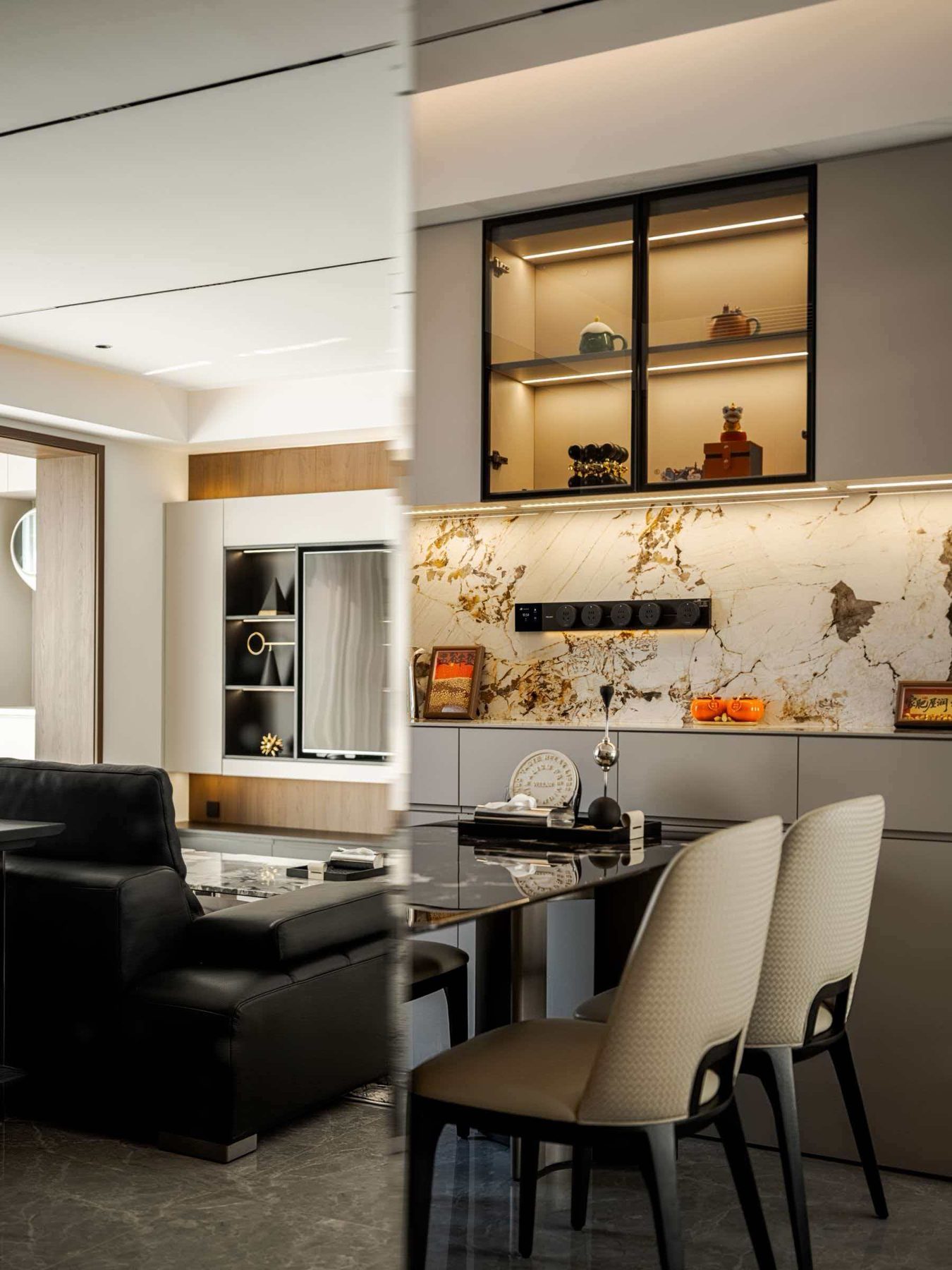 Kitchen with black-framed glass wall cabinets and a marble-look splashback