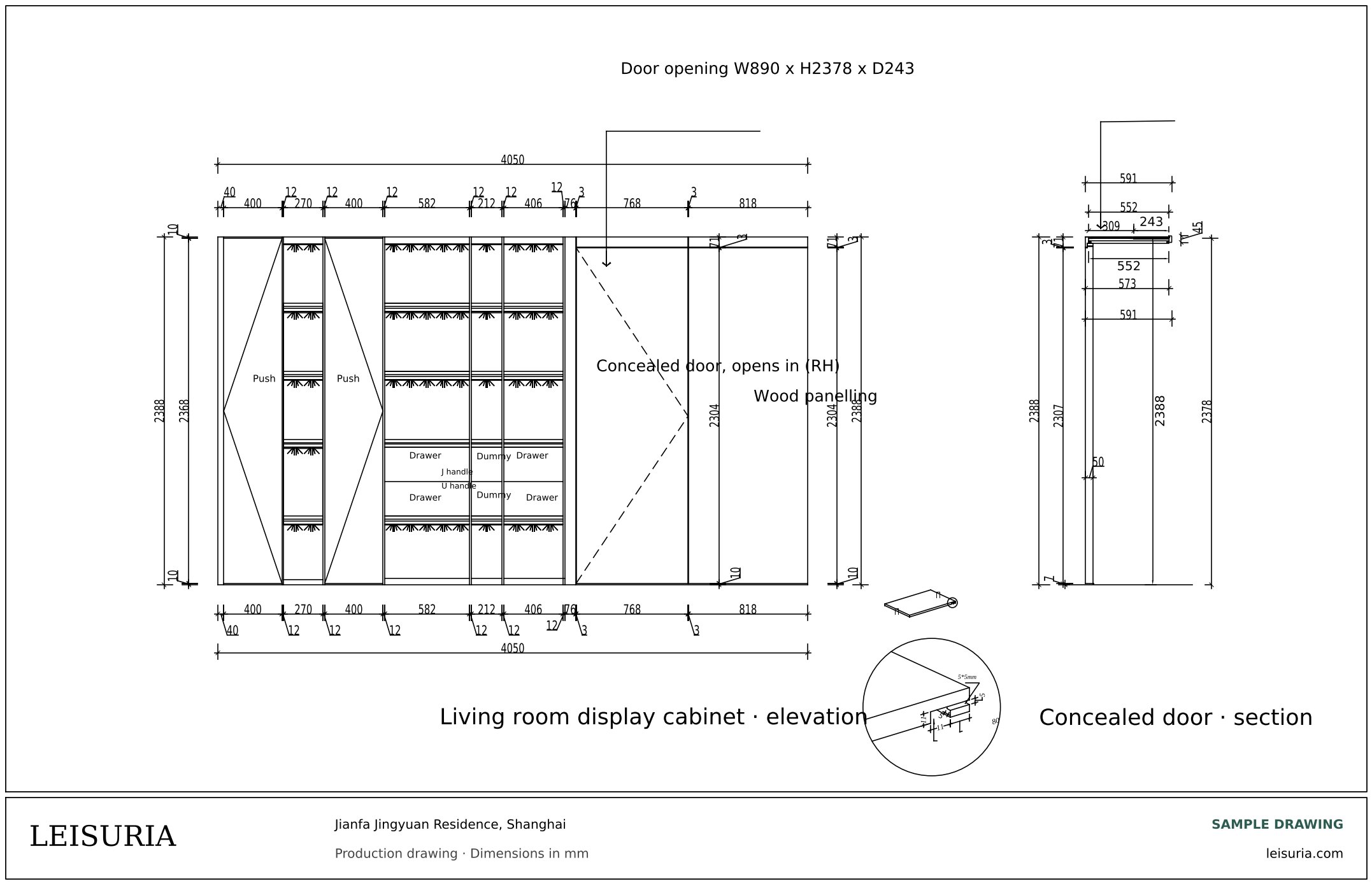 Production drawing: display cabinet elevation with concealed door and section