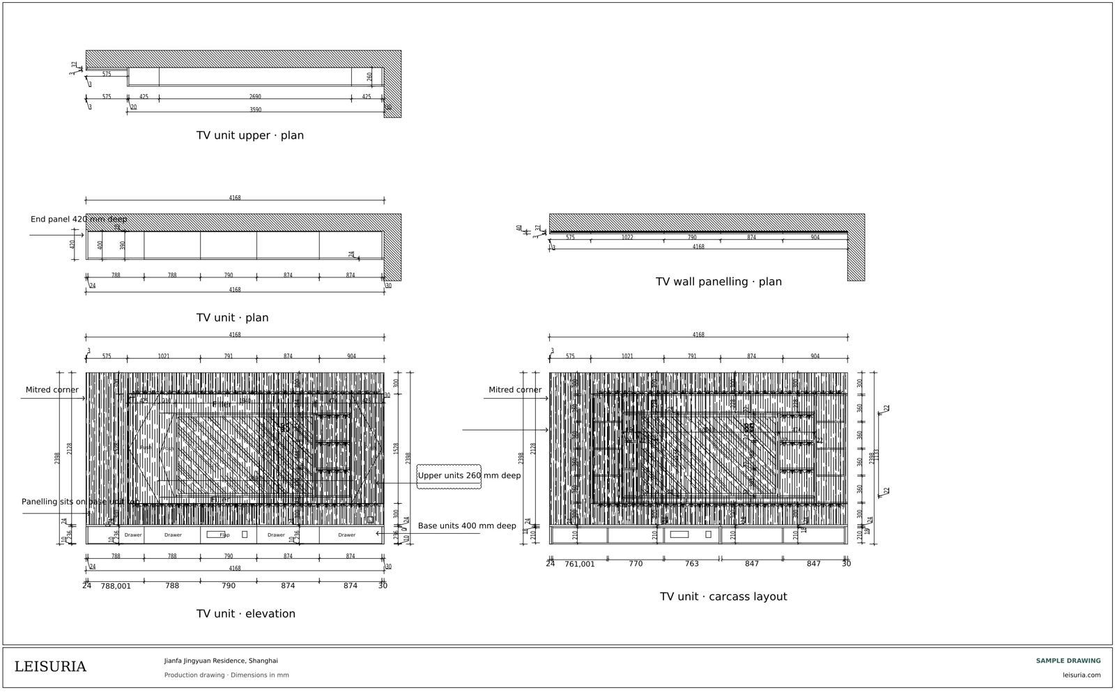 Production drawing: TV unit plans, elevation and carcass layout with fluted panelling