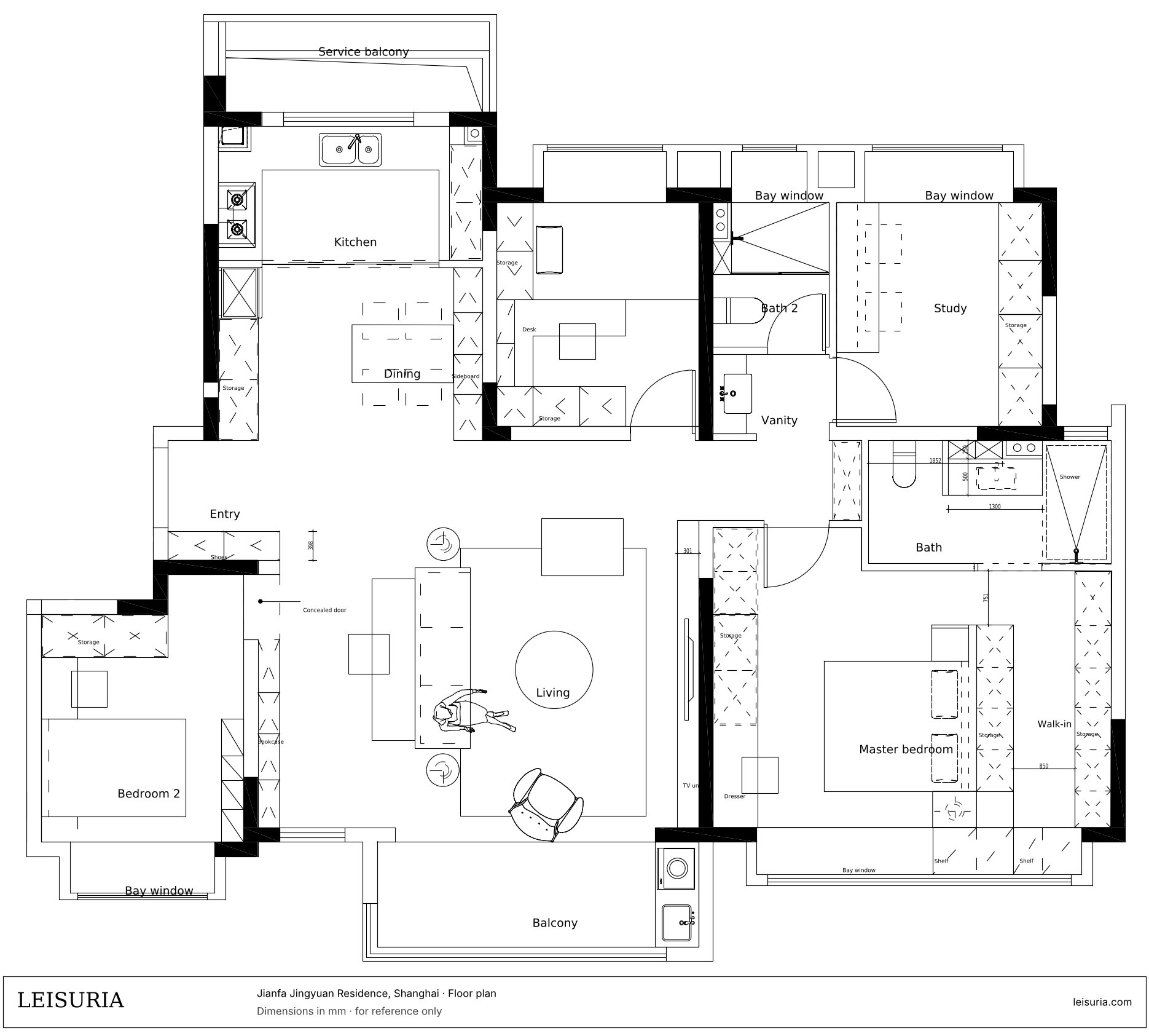 Floor plan of the apartment with room labels in English