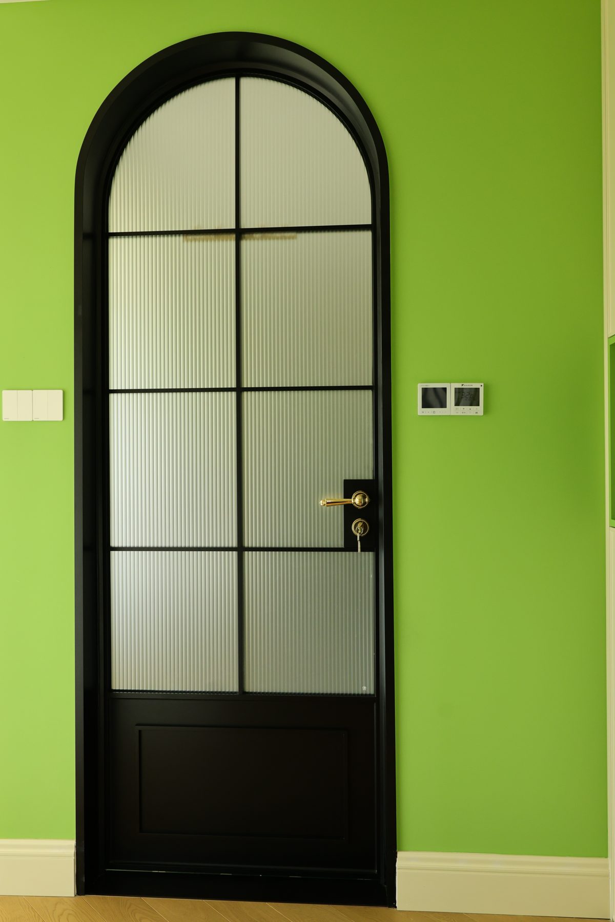 Arched black-framed door with glazed panels set in a green wall
