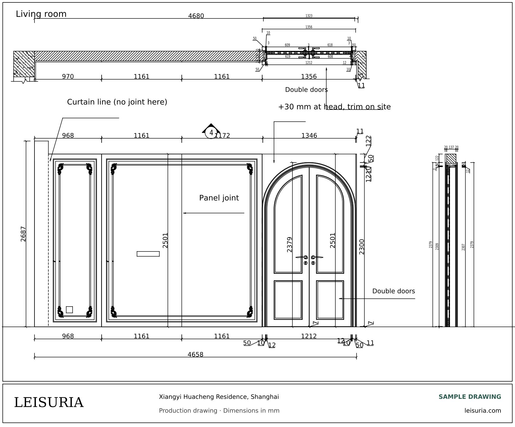 Production drawing: wall panelling elevation with arched double door, plan and section