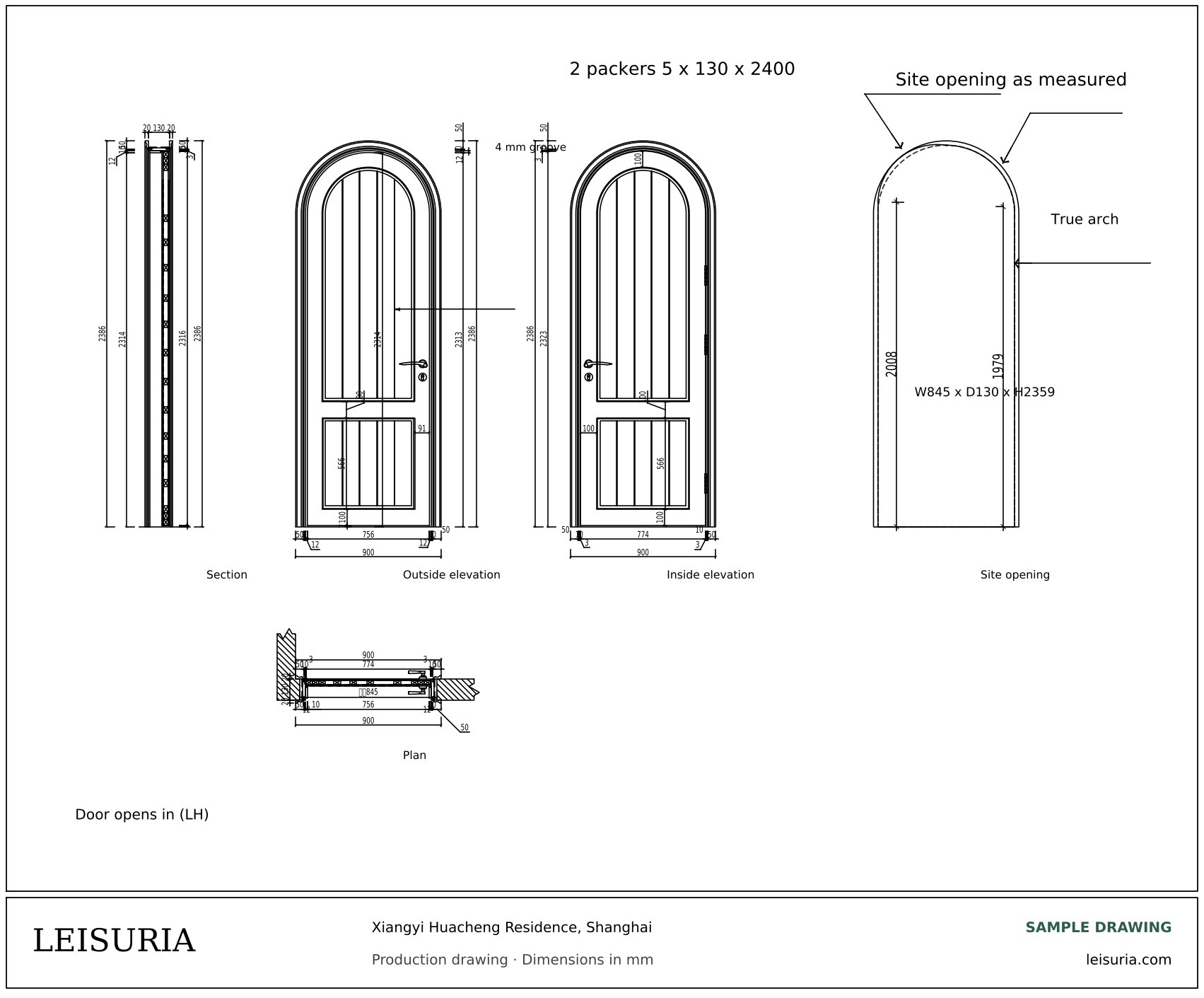 Production drawing: arched panel door elevations, section and plan