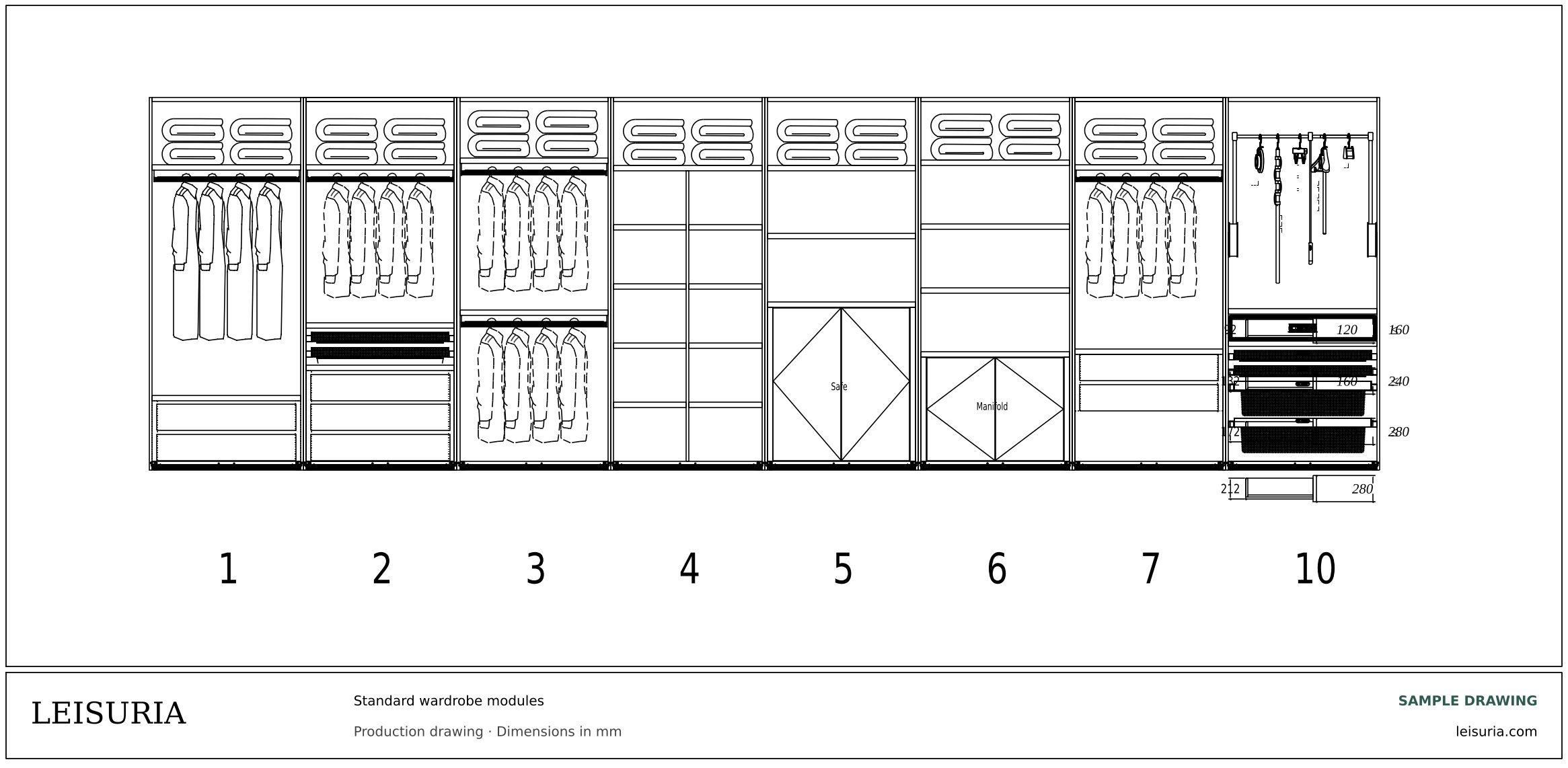 Elevation drawing of standard wardrobe modules numbered 1 to 10